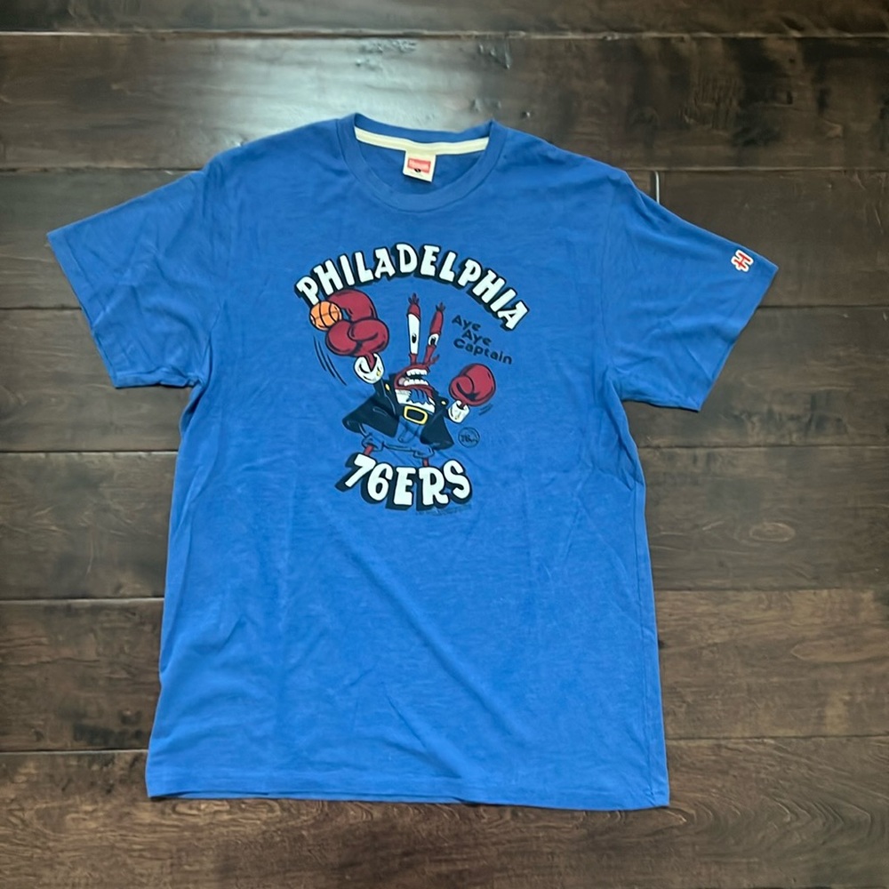 Mens Blue Homage SpongeBob Mr. Crabs Ben Franklin Philadelphia 76ers Tee Shirt